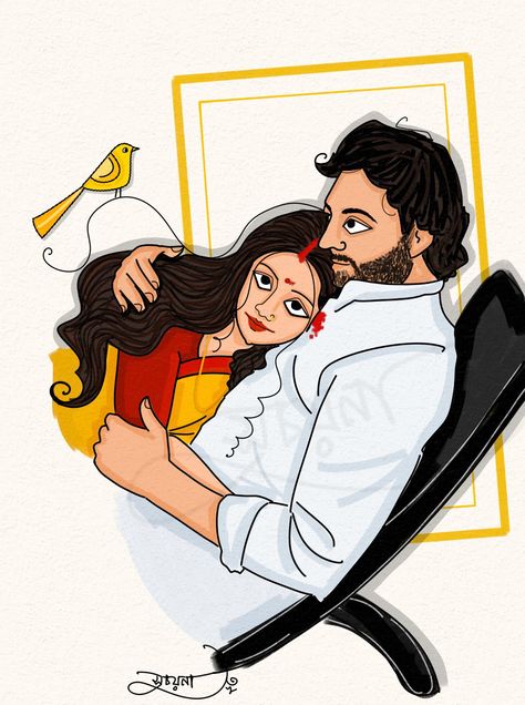 Digital illustration by Suchayana Bengali Couple Sketch, Playlist Profile Picture, Bengali Illustration, Beans Photography, Bengali Couple, Coffee Beans Photography, Animation Love, Home Drawing, Alpona Design