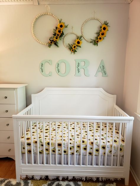 Nursery Ideas Sunflower, Cow Print And Sunflower Nursery, Sunflower Nursery Ideas, Sunflower Nursery Theme, Charlotte Nursery, Sunflower Mobile, Honey Bee Nursery, Sunflower Room, Sunflower Nursery