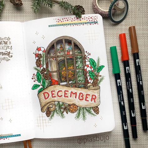 𝓟𝓲𝓪 📚 𝖡𝗎𝗅𝗅𝖾𝗍 𝖩𝗈𝗎𝗋𝗇𝖺𝗅 on Instagram: “Hi friends 🤶🏽👋 Welcome December🎄 I love this month and as you can see, I went all in 🥰 Hope you like it ❤️ Let me know your theme so I ca…” Christmas Bujo Ideas, Christmas Journal Ideas, December Cover Page, Journal Illustrations, Journaling Drawing, Winter Drawing, Bullet Journal Christmas, Welcome December, December Bullet Journal