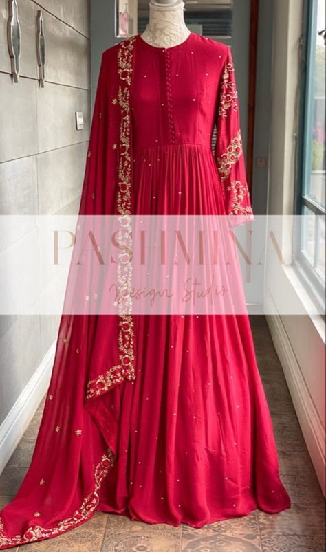 Cherry red bridesmaid formal pashmina design studio Anarkali Gown Floor Length, Birthday Dresses For Ladies, Cute Birthday Dresses, Outfit For Chubby, Pakistani Long Dresses, Anarkali Gown With Dupatta, Red Anarkali Suits, Gown Anarkali, Simple Anarkali