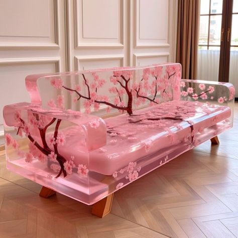 Introducing the Cherry Blossom Epoxy Wood Sofa: A Fusion of Nature and Modern Artistry Rose Wood Furniture, Flower Couch, Rosewood Furniture, Flower Furniture, Concept Furniture, Classic Armchair, Beauty Room Decor, Wooden Log, Shaped Sofa