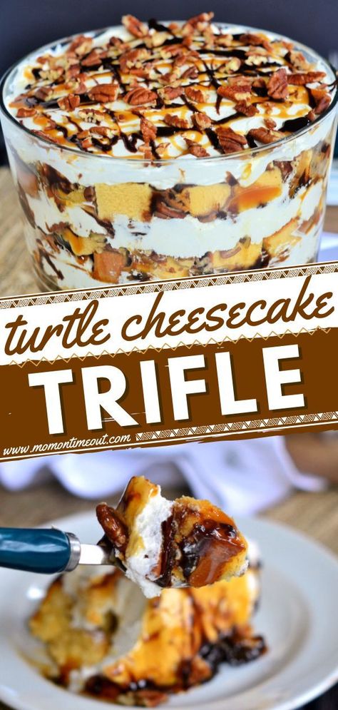 Caramel Board, Thanksgiving Desserts Cheesecake, Chicken Brocoli, Trifle Bowl Recipes, Chocolate Pecans, Trifle Dessert Recipes, Cheesecake Trifle, Thanksgiving Sweet Treats, Turtle Cheesecake