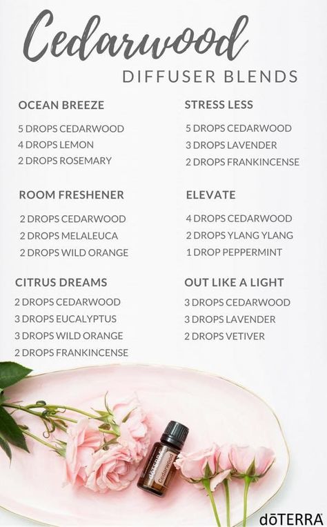 Cedarwood essential oil soothes the mind and body, evokes feelings of wellness and vitality, and promotes relaxation. Diffuse any of these blends for a warm, comforting aroma that will create a calm and peaceful atmosphere. Doterra Diffuser Blends, Doterra Essential Oils Recipes, Essential Oil Diffuser Blends Recipes, Young Living Essential Oils Recipes, Diy Kosmetik, Essential Oil Diffuser Recipes, Oil Diffuser Recipes, Cedarwood Oil, Essential Oil Blends Recipes