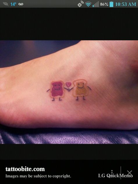 Little peanut butter and jelly friends tattoo! How cute! Peanut Butter Jelly Tattoo, Peanut Butter And Jelly Tattoo, Jelly Tattoo, Writing Tattoos, Hand Drawn Vector Illustrations, Peanut Butter And Jelly, Peanut Butter Jelly, Best Friend Tattoos, Friend Tattoos