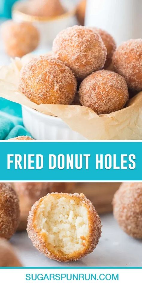 This is an easy, from-scratch, no-yeast donut hole recipe! They make a great quick & easy breakfast treat or snack! These take just minutes to whip up for the best fried donut holes you’ve ever tasted! Fried Donut Holes, Donut Recipe Without Yeast, Donut Recipe No Yeast, Fried Doughnut Recipe, Dessert Trifles, Easy Donut Holes, Donut Recipe Fried, Deep Fried Donuts, Sugar Donuts Recipe