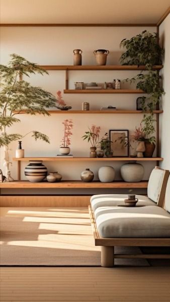 🌿 Embrace the harmony of Japandi style and the tranquility of plants at home! 🏡✨ Dive into the perfect fusion of Japanese minimalism and Scandinavian coziness with Japandi décor, while bringing the outdoors in with lush greenery. 🌱 Whether it's a sleek bamboo shelf adorned with succulents or a serene bonsai tree atop a rustic wooden table, let nature be the centerpiece of your space. 🌍💚 #Japandi #HomeDecor #PlantLove #ZenLiving #GreeneryGoals 🍃 Spanish Japanese Home, Japanese Shelf Design, Bonsai Japandi, Mixed Woods Living Room, Japandi Shelf, Japandi Plants, Bonsai Shelf, Japanese Shelf, Coffee Table Plants