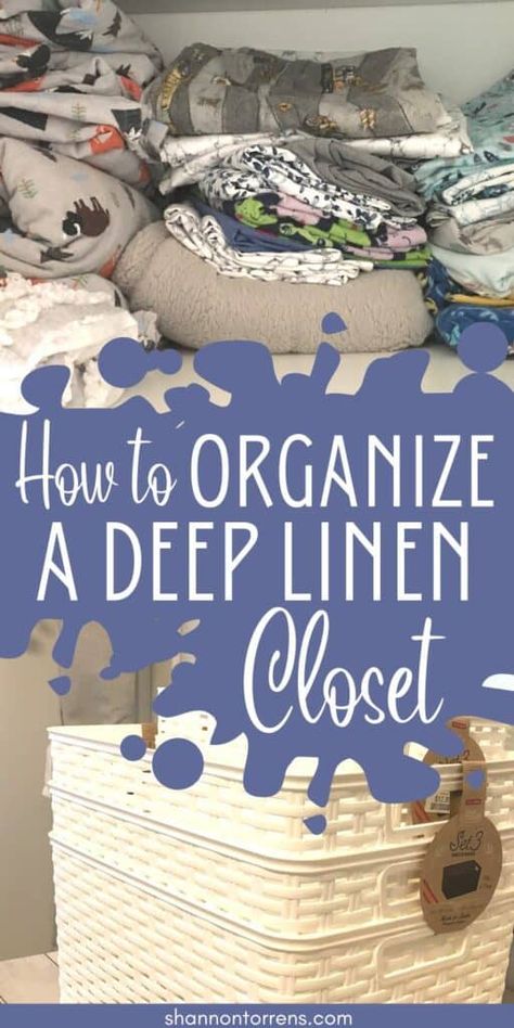 Linen Closets Ideas Hallway, Organizing Deep Closets, Deep Cupboard Organization, Deep Linen Closet, Storage Linen Closet, Linen Closet Organization Hallway, Small Linen Closet Organization, Hall Closet Organization, Linen Closet Design