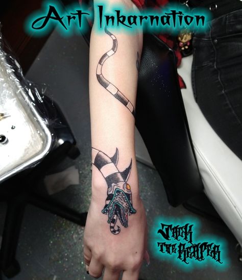 Tim Burton Tattoo Small Beetlejuice, Beetlejuice Worm Tattoo, Sand Worm Beetlejuice Tattoo, Tim Burton Snake Tattoo, Sandworm Beetlejuice Tattoo, Beetle Juice Snake Tattoo, Sandworm Tattoo, Beetlejuice Snake Tattoo, Beetlejuice Tattoo Realism