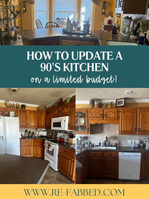 how to update a 90’s kitchen on a limited budget Paint Cabinets Kitchen, 1990s Kitchen, Old Kitchen Remodel, Repainting Kitchen Cabinets, 90s Kitchen, Update Kitchen, 80s Kitchen, Budget Kitchen Makeover, Paint Cabinets