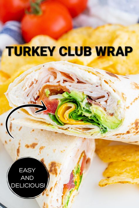 A turkey club wrap cut in half on a white plate with potato chips. Ham And Turkey Lunch Meat Ideas, Lunch Wraps Turkey, Deli Turkey Wraps, Healthy Ham Wraps For Lunch, Cold Wraps Recipes Lunch Ideas, Sliced Turkey Sandwich Recipes, Cold Meat Wraps, Turkey Sandwich Meat Recipes, Club Wrap Recipes