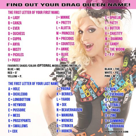 Find Out Your Drag Queen Name Queen Names, Drag Queen Names, Drag Party, Funny Name Generator, Facebook Group Games, Username Ideas, Race Party, Fantasy Names, Name Games