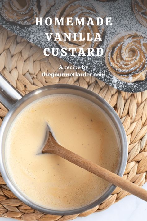 Vanilla Custard Recipe - The Gourmet Larder Home Made Custard, Homemade Vanilla Custard, Vanilla Custard Recipe, Custard Recipe, Homemade Custard, Dairy Free Cream, Custard Recipes, Vanilla Paste, Vanilla Custard