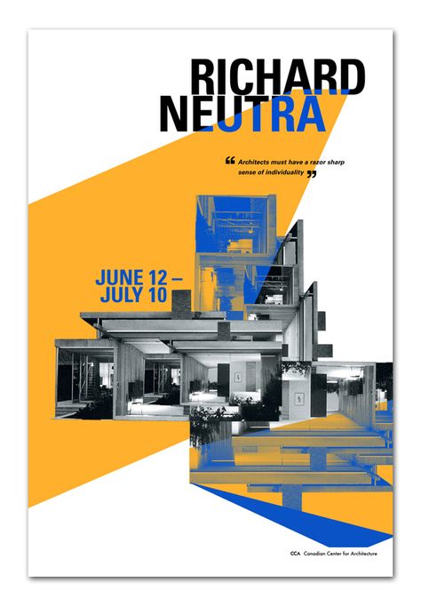 The contrast between the color make the design look modern and interesting by combining the abstract shape in bold colors of the architectural design in highlight and bring emphasis to the main architecture, which is  in black and white. Architect Office Workspace, Poster Architecture, Scda Architects, Architect Sketchbook, Architect Student, Architect Logo, Design Presentation, Poster Design Layout, Richard Neutra