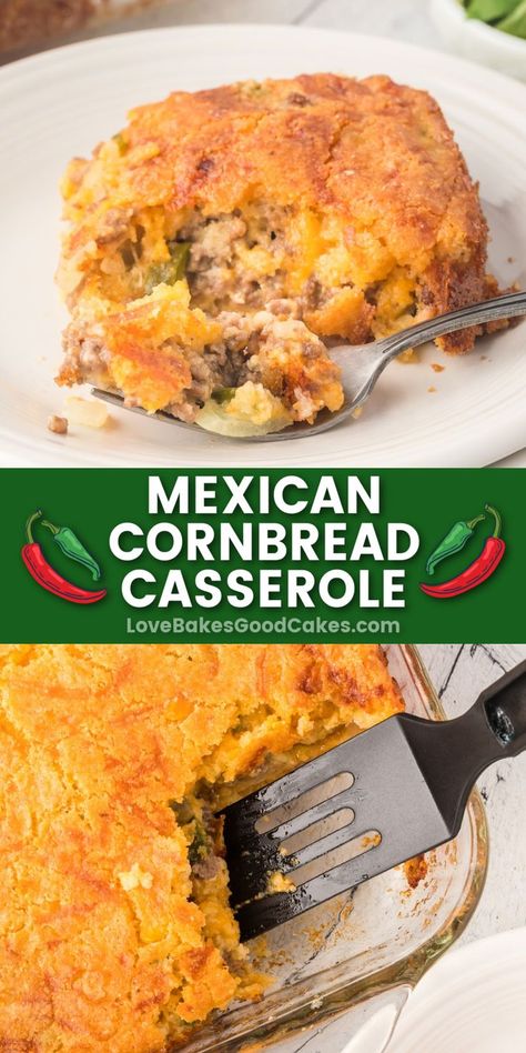 Mexican Cornbread Casserole pin collage Cornbread Meals Ideas, Rotel Chili, Taco Season, Mexican Cornbread Casserole Recipe, Mexican Cornbread Casserole, Mexican Casserole Recipe, Mexican Cornbread, Main Dish Casseroles, Good Breakfast