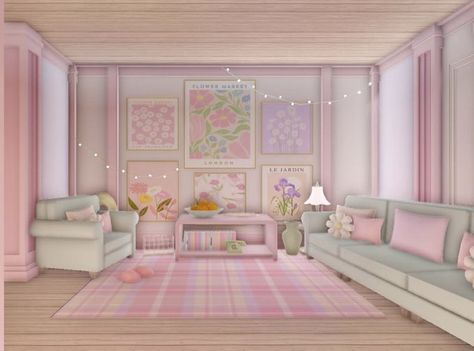 Preppy Living Room Bloxburg, Pink Living Room Bloxburg, Blush Bloxburg Interior, Bloxburg Pastel Bedroom, Bloxburg Pastel Living Room, Bloxburg Pink House, Bloxburg Danish Pastel Bedroom, Pastel Bloxburg House Interior, Summer Nails Preppy