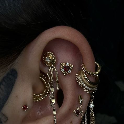 Jeane Bean on Instagram: "My left ear!  I’ve been adding to my collection for forever; and this is my favorite look so far!  All yellow gold and genuine Garnets and Diamonds.  • @bvla @bvlalove @modernmoodbodyjewelry @regalia.jewelry @tawapa @jackandgstudio  • • #diamondinthedaith #curatedear #earsthle #earstyled #earstyling #earcuration #earproject #earpiercings #earpiercing #conch #conchpiercing #daith #daithpiercing #earlobepiercing #helixpiercing #helix #cartilagepiercing #tragus #traguspiercings #traguspiercing #yellowgold #garnet #earjewelry" Gold Earscapes, Gold Piercings, Ear Lobe Piercings, Daith Piercing Jewelry, Cool Ear Piercings, Cool Piercings, Ear Style, Cute Piercings, Daith Piercing