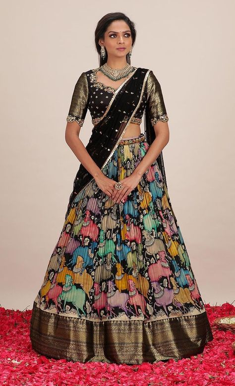 9908669807 Kalamkari Lehenga, Long Blouse Designs, Frock Designs, Lehenga Saree Design, Simple Lehenga, Half Saree Lehenga, Long Gown Design, Half Sarees, Lehenga Designs Simple