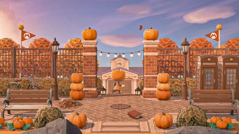 Marina 🍂 on Twitter: "Okay so we are seriously going to college this time!! Only pumpkins are allowed to study here but it’s okay because we truly are, right? 🎃 #AnimalCrossing https://t.co/3BiwafHXeX" / Twitter Acnh Halloween Island Ideas, Urban Island, Autumn Animals, England Aesthetic, Going To College, Animal Crossing Wild World, Island Theme, Animal Crossing Villagers, Animal Crossing Pocket Camp