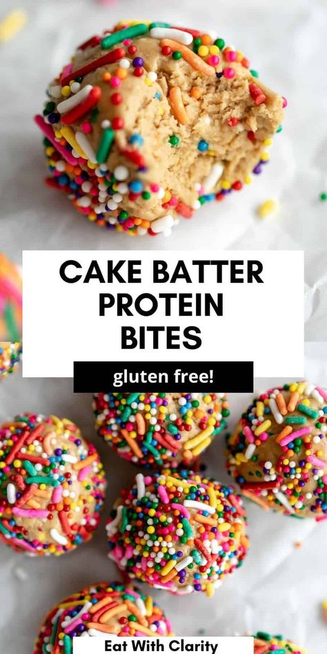 These cake batter high protein energy bites are healthy, easy to make and perfect for a simple vegan snack or dessert. These vanilla energy balls are gluten free, made with cashew butter and sweetened with just honey or maple syrup. Cake Batter Protein Balls, Protein Energy Bites, Cake Batter Protein, Protein Baking, High Protein Desserts, Healthy Protein Snacks, Healthy Sweet Snacks, Protein Treats, Vegan Snack