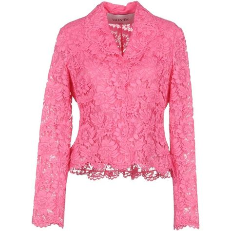 Valentino Blazer (129.555 RUB) ❤ liked on Polyvore featuring outerwear, jackets, blazers, fuchsia, valentino jacket, short-sleeve blazers, pink jacket, lapel jacket and snap jacket