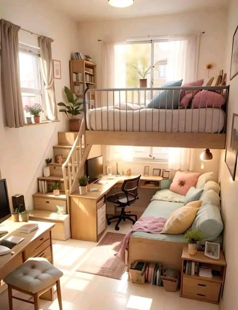 Loft Beds For Small Rooms, A Loft Bed, Loft House Design, Small Room Design Bedroom, Interior Design Your Home, House Floor Design, Small Apartment Design, Loft House, Small Room Design