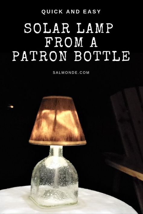 This is so easy!!!  I have to do this. Wine Bottle Solar Lights Outdoor, Crown Royal Bottle Crafts, Bottle Lamp Ideas, Diy Solar Lamp, Patron Bottle Crafts, Beer Bottle Lamp, Solar Lamps Diy, Glass Bottle Candles, Liquor Bottle Lights