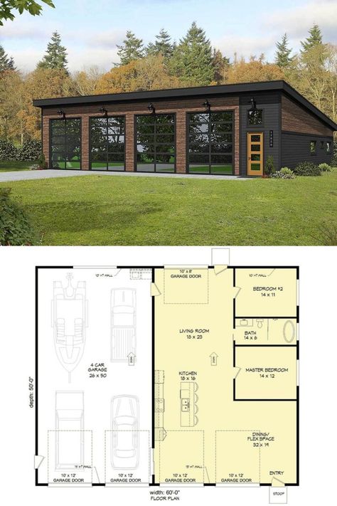 Carriage House With Rv Garage, Single Story Carriage House Plans, 2 Bedroom House Plans With Garage One Story, 2 Bedroom Single Story House Plans, Garage 4 Car, One Story Two Bedroom House Plans, Modern Carriage House Plans, Two Story Garage Plans, Rv Carriage House Plans