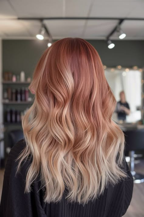 Make a bold statement this fall with a vibrant copper to blonde ombre fall haircut. The soft waves add texture and movement, creating a stunning contrast between the warm and cool tones. Perfect for those looking to stand out, this hairstyle exudes confidence and style, making it an excellent choice for the season. Copper To Blonde Ombre, Copper To Blonde, Caramel Lowlights, Trendy Balayage, Brown Bob Haircut, Money Piece Highlights, Strawberry Blonde Ombre, Fall Haircut, Trendy Fall Hair Color