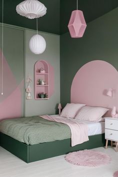 Green Bed Headboard, Green Girls Rooms, Mint Green Bedroom, Nordic Pastel, Mint Bedroom, Pink Accent Walls, Childrens Bedrooms Design, Pink Apartment, Green Room Decor