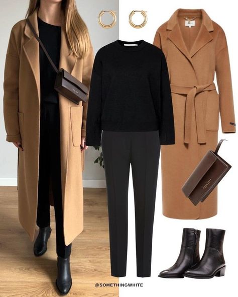 Camel Coat Outfit Classy, Coat Outfit Ideas, Brown Items, Camel Coat Outfit, Classic Capsule Wardrobe, Tan Coat, Winter Fashion Outfits Casual, Coat Outfit, Capsule Outfits