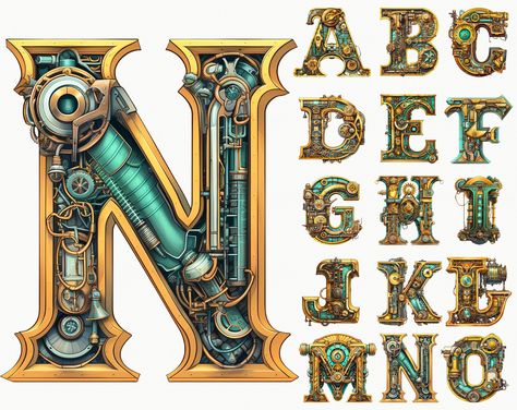 Steampunk Lettering, Steampunk Writing, Steampunk Typography, Steampunk Alphabet, Vintage Alphabet Letters, Steampunk Font, Industrial Font, Rgb Color Codes, Art Steampunk