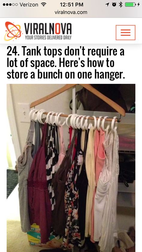 Hanging tank tops Hanging Tank Tops, Home Storage Hacks, 27 Life Hacks, Shirt Organization, Best Hangers, Spaghetti Strap Shirt, Closet Hacks, How To Hang, Plastic Hangers