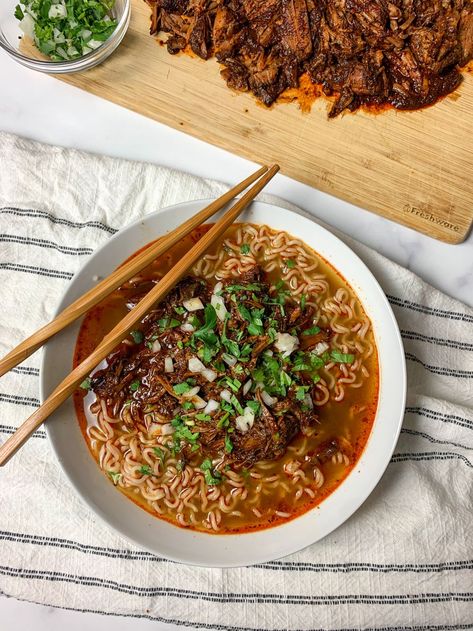 How to Make Birria Ramen  - Mrs.GinaCooks Soup Recipes Ramen, Birria Ramen Recipe, Holiday Soup Recipes, Quick Mexican Recipes, Recipes Ramen, Birria Ramen, Mexican Fusion, Holiday Soups, Mexican Soup Recipes