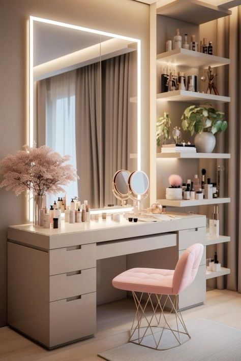 Makeup Table Vanity Bedrooms, Vanity Tables In Bedroom, Bedroom Make Up Corner, Vanity Room Ideas Inspiration, Makeup Table Ideas Bedrooms, Dresser Vanity Bedroom, Makeup Table Ideas, Vanity Table Ideas, Big Vanity