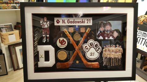 Hockey Shadow  Box custom made with lifetime preservervation material. Jersey Shadow Box Ideas, Shadow Box Ideas, Detroit Art, Hockey Gifts, Box Ideas, Custom Boxes, Shadow Box, Art Wall, Hockey