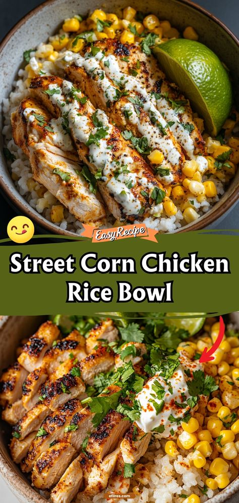 Take your taste buds on a trip with this street corn chicken rice bowl, bursting with the flavors of grilled corn, spicy chicken, and fresh lime. #StreetCorn #ChickenBowl #Flavorful Chicken Rice Bowls Mexican Healthy, Rice For Chicken Dinner, Dinner For The Grill, Modern Market Smoky Chicken Bowl, Street Corn Chicken Rice Bowl Recipes Quickie, Crockpot Chicken Bowl Recipes, Easy Dinner Grill, Corn On The Cob And Chicken, Barbecue Chicken Rice Bowl