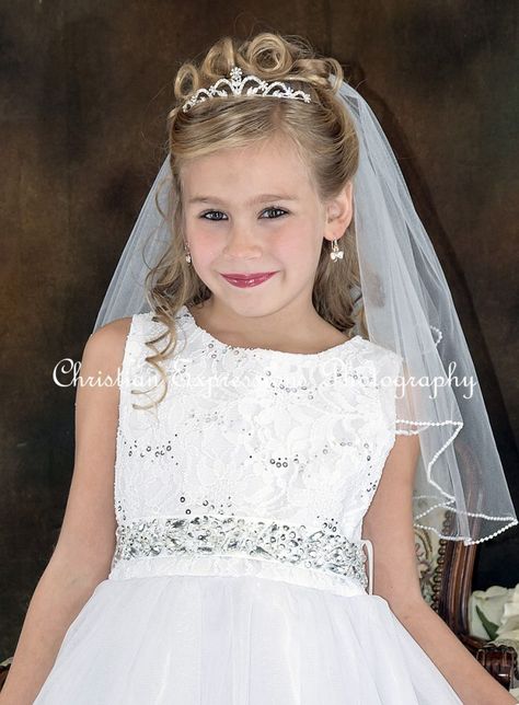 Girls First Communion Crown Tiara Crystals Flower Center Communion Hairstyles With Veil, Veil And Tiara, Flower Girl Updo, Communion Tiara, Communion Hair, First Communion Hairstyles, Hairstyles With Veil, Girls Updo, Communion Hairstyles