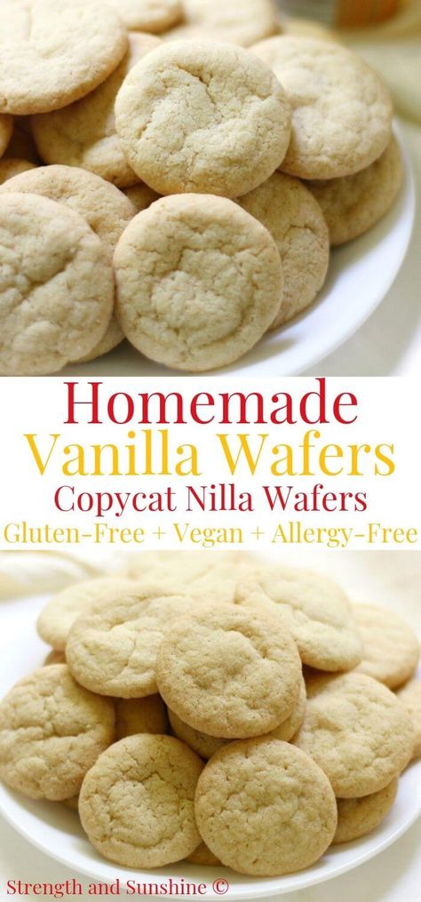 Homemade Vanilla Wafers | Copycat Nilla Wafers (Gluten-Free, Vegan, Allergy-Free) | Strength and Sunshine A classic, crispy, vanilla cookie! This Homemade Vanilla Wafers recipe is a copycat of Nabisco's famous Nilla Wafers! These wafer-style cookies are gluten-free, vegan, allergy-free, sugar-free, and only 6 ingredients! A nostalgic snack or dessert with a healthy update! #vanillawafers #nillawafers #cookies #glutenfreecookies #vegancookies #glutenfreedessert #vegandessert Gluten Free Nilla Wafers, Homemade Vanilla Wafers Recipe, Vanilla Wafers Recipe, Homemade Vanilla Wafers, Nilla Wafer Recipes, Gluten Free Vanilla Wafers, Vanilla Wafer Recipe, Confectionary Recipes, Wafers Recipe