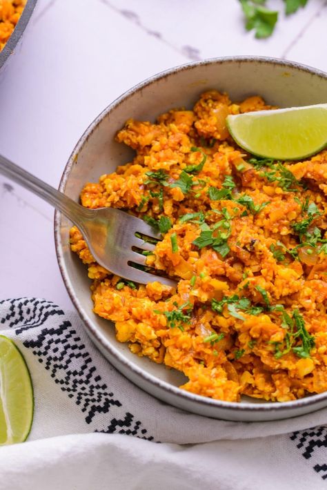 Spanish cauliflower rice Spanish Cauliflower Rice Easy, Spanish Cauliflower, Spanish Cauliflower Rice, Mexican Cauliflower Rice, Cauliflower Rice Easy, Cilantro Seeds, Squash Noodles, Veggie Stock, Spanish Rice