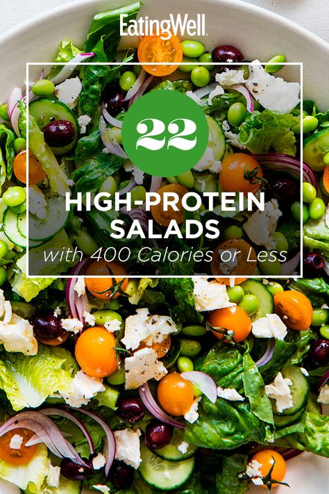 These high-protein salads are packed with flavor and fresh vegetables. Each salad has 400 calories or less and at least 15 grams of protein per serving to keep you full and satisfied for longer. These salads are a great choice for a hearty lunch or a light dinner. #salads #saladrecipes #healthysalads #saladideas #healthyrecipes Salad Protein Vegetarian, Low Calorie High Protein Packed Lunch, Hi Protein Salads, Vegetarian High Protein Salads, Interesting Salads Healthy, 400 Calorie Salads, Salads With Lots Of Veggies, Big Lunch Salad, Protein To Add To Salads