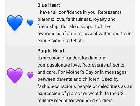 Blue Heart Emoji Meaning, Heart Emoji Meanings, Purple Heart Meaning, Heart Meaning, Blue Heart Emoji, Emojis Meanings, Emoji Meanings, Purple Meaning, Meaning Of Blue