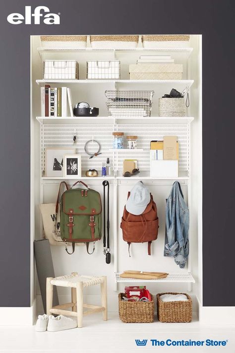 Elfa Mudroom, Organizing Entryway, Linen Closet Shelves, Drop Zones, Basement Closet, Hanging Drawers, Elfa Shelving, Laundry Business, Kitchen Shelving