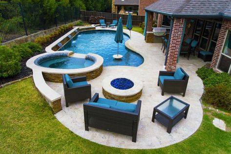 Outdoor Pool And Hot Tub Ideas, Outdoor Living Spaces With Pool, Pool Next To Patio, Inground Pool And Spa Ideas, Small Pools With Spa, Jacuzzi And Pool Outdoor, Inground Pool Ideas Backyards Patio, Pool And Patio Design, Backyard Patio Pool Designs