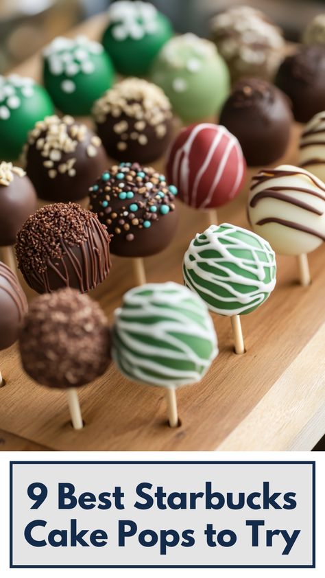 Close-up of a variety of Starbucks cake pops displayed on a wooden board, featuring decorations and different flavors perfect for a sweet treat. Cake Pops Flavors, Cake Pop Flavors, Starbucks Cake Pops, Perfect Cake Pops, Starbucks Cake, Tasty Dessert, Sweet Cravings, Starbucks Recipes, Enjoy Today