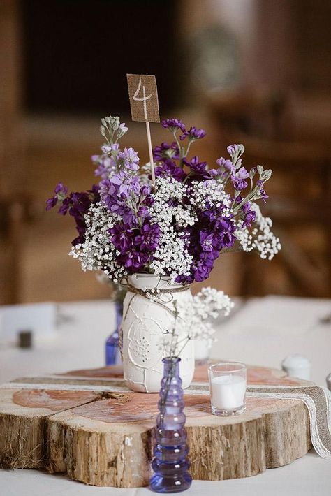 rustic wedding centerpieces white mason jar with lilac flowers and baby breath erin morrison photography Deco Violet, Purple And White Flowers, Plum Wedding, Wedding Colors Purple, Tafel Decor, Lilac Wedding, Wedding Floral Centerpieces, Purple Wedding Flowers, Rustic Wedding Centerpieces