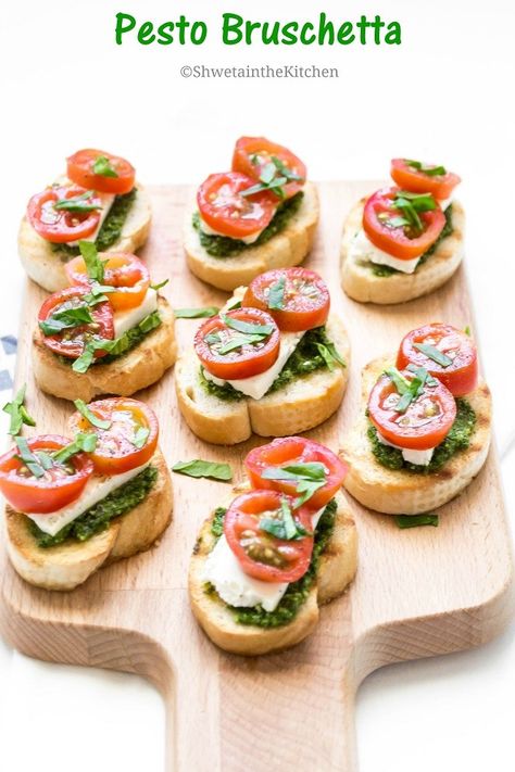 Pesto Bruschetta - Pesto Cream Cheese and Tomato Bruschetta - Shweta in the Kitchen Cream Cheese And Tomato, Pesto Cream Cheese, Pesto Bruschetta, Quick Appetizer Recipes, Cheese And Tomato, Tomato Bruschetta, Charcuterie Plate, Bruschetta Recipe, Delicious Appetizer Recipes