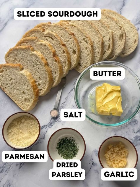 ingredients for sourdough garlic toast including bread, butter, parmesan, parsley, salt, and garlic Garlic Bread Recipe Sourdough, Garlic Bread With Sourdough, Garlic Bread With Sandwich Bread, Garlic Butter Sourdough Bread, Toasted Garlic Bread, Garlic Bread Butter Recipe, Garlic Parmesan Sourdough Bread, Homemade Garlic Toast, Garlic Bread Sourdough