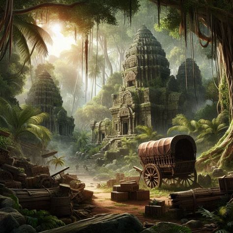 Jungle Village Fantasy Art, Jungle Village, Jungle Landscape, Village Ideas, Jungle Vibes, Minecraft Inspiration, Jungle Art, Fantasy City, Matte Painting