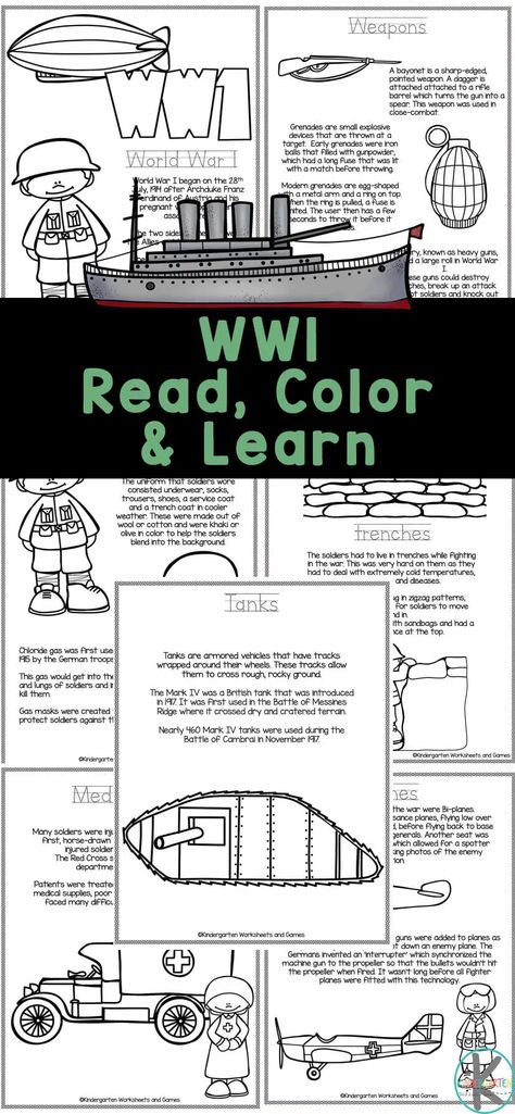 A great way to dive into the history of World War I for kids, is with these fun WWI coloring pages for children to read, color, and learn pages. These world war 1 worksheets would make a great addition to history lessons, a World War One unit in your homeschool, or area parent learning about world war 1 for kids. Simply print these great war printables to teach pre-k, kindergarten, first grade, and 2nd grade students. 2nd Grade History, History Lessons For Kids, History Printables, Free Printable Alphabet Worksheets, Letter Recognition Worksheets, Geography For Kids, History Worksheets, Abc Coloring Pages, About World