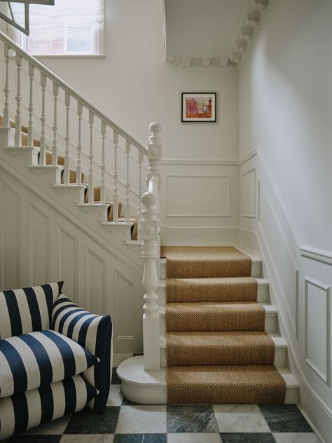 French Staircase, Colonial Renovation, Stairs Trim, Entrance Hall Decor, White Staircase, Painted Staircases, Morris Homes, Hall Flooring, Bespoke Kitchen Design